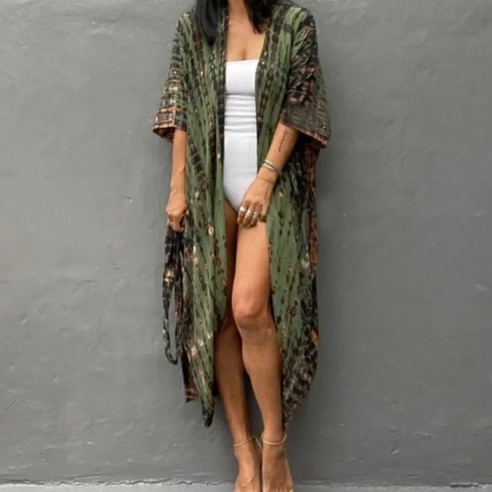 SOLD OUT Olive Green Tie Dye Boho Swim Coverup Kimono Robe - Picture 6 of 6